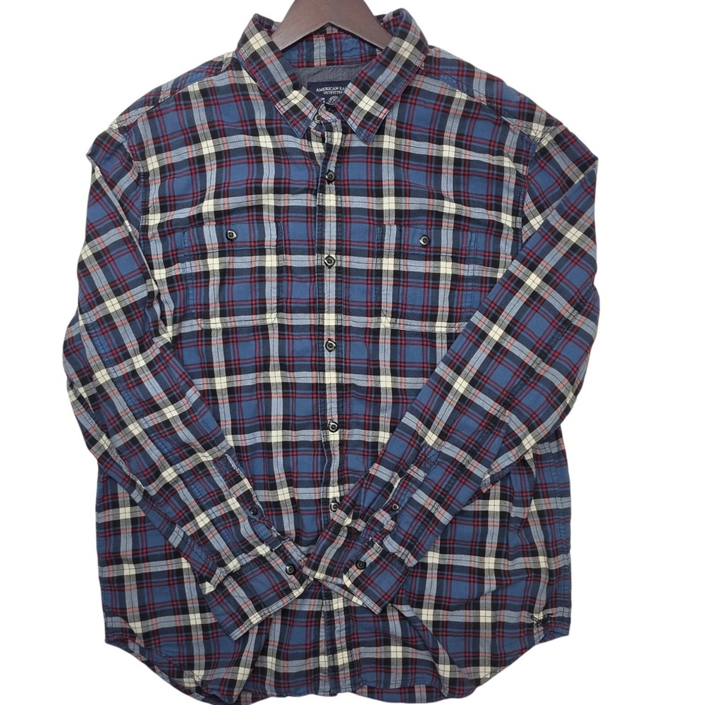 American Eagle Outfitters Mens XXL Blue Red‎ Plaid Flannel Athletic Fit Shirt